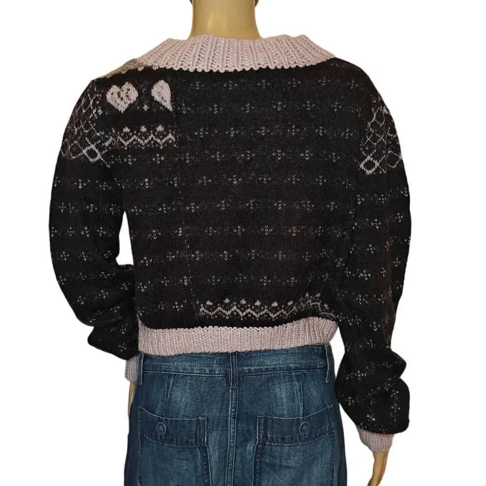 Free People Cropped Fair Isle Sweater Navy/Lavender Hearts Alpaca Wool Blend